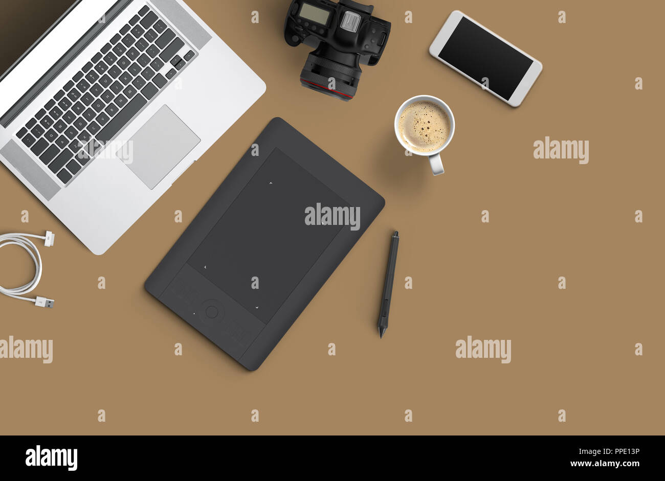Minimal work space : Laptop, camera, coffee, camera, pen, pencil ...