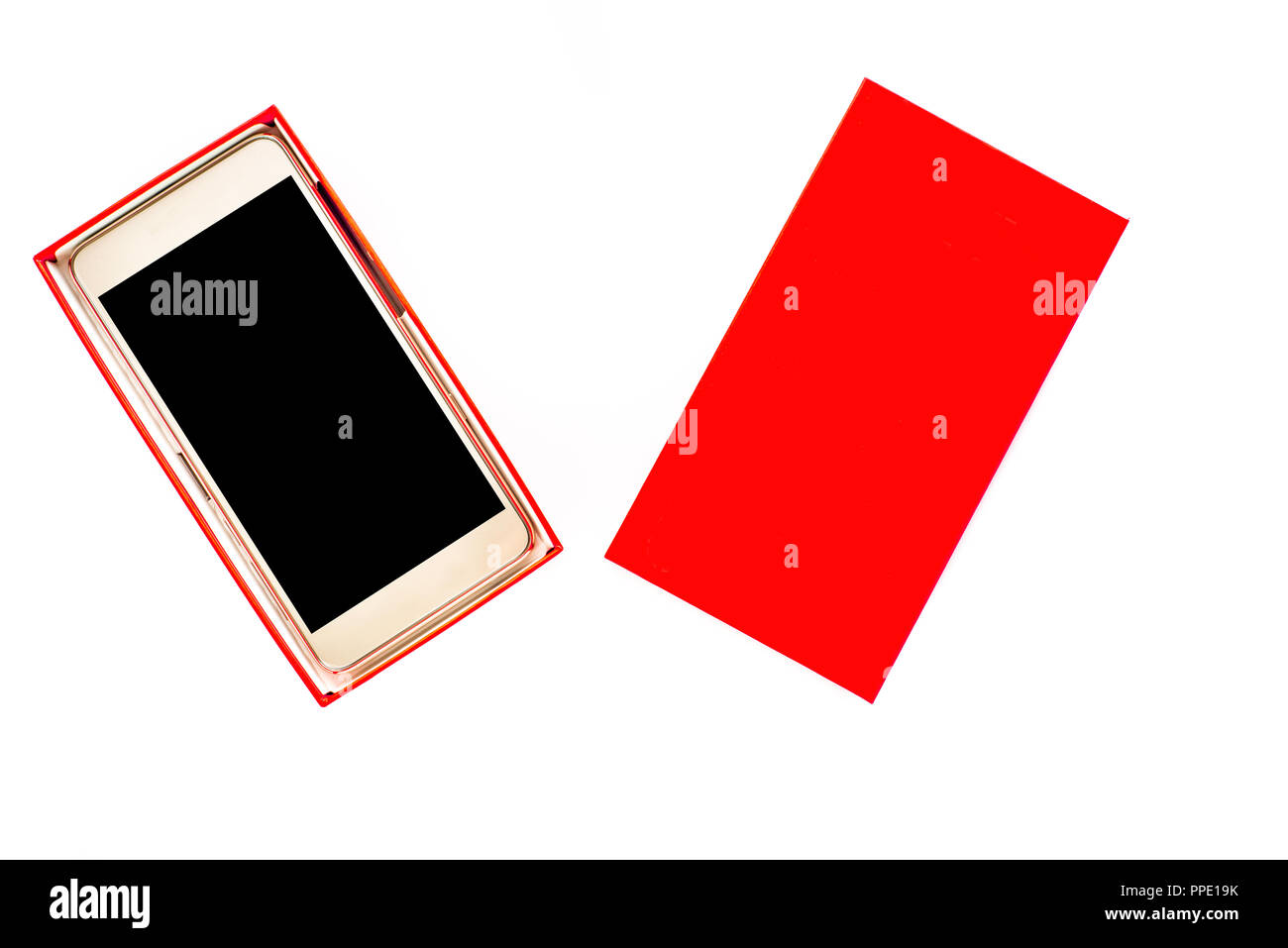 Isolated mobile phone in a box, smartphone with black screen on white ...