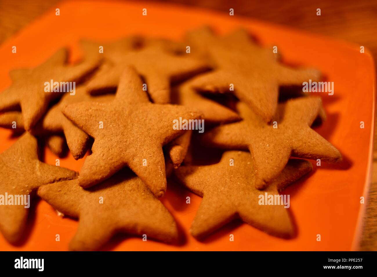 Traditional Latvian Piparkukas, gingerbread stars, homemade, home baked holiday Christmas cookies, made in Wisconsin, USA Stock Photo