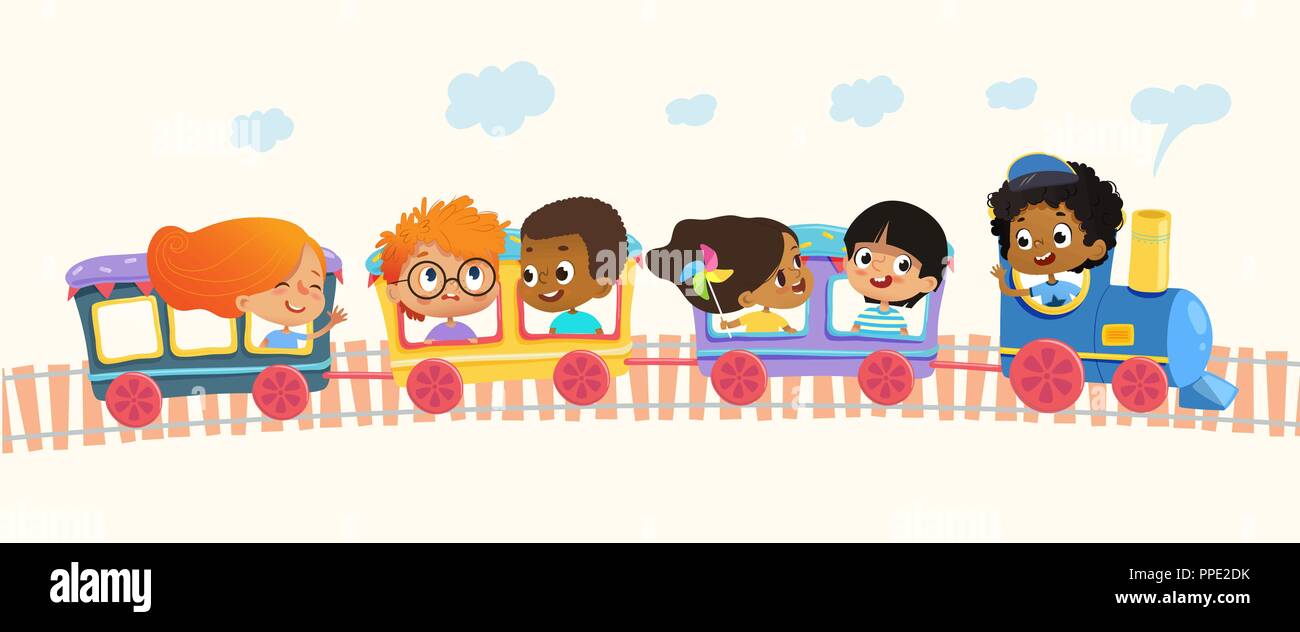 Multiracial School kids boys and girls laughing and traveling by colorful train on a green hills. Vector. Isolated. Can be used for web, poster, banner Stock Vector