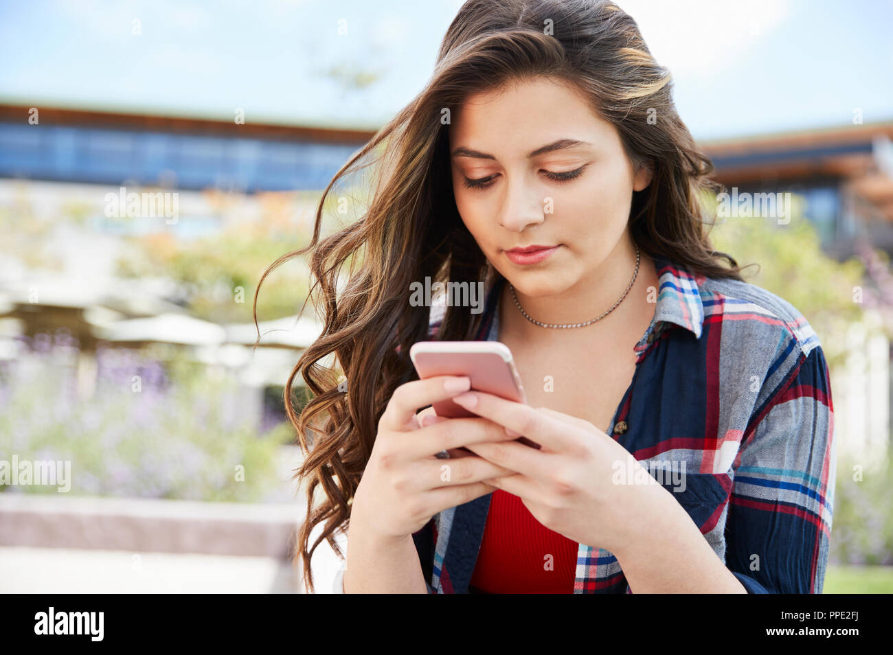 Female High School Student Checking Messages On Mobile Phone Outside College Buildings Stock Photo