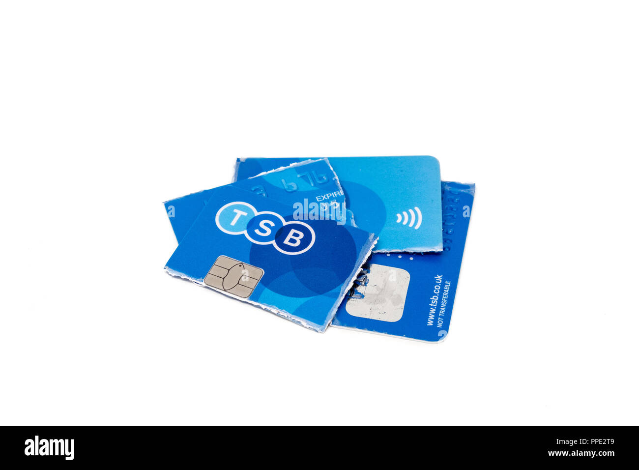 A TSB bank debit card cut up into pieces Stock Photo