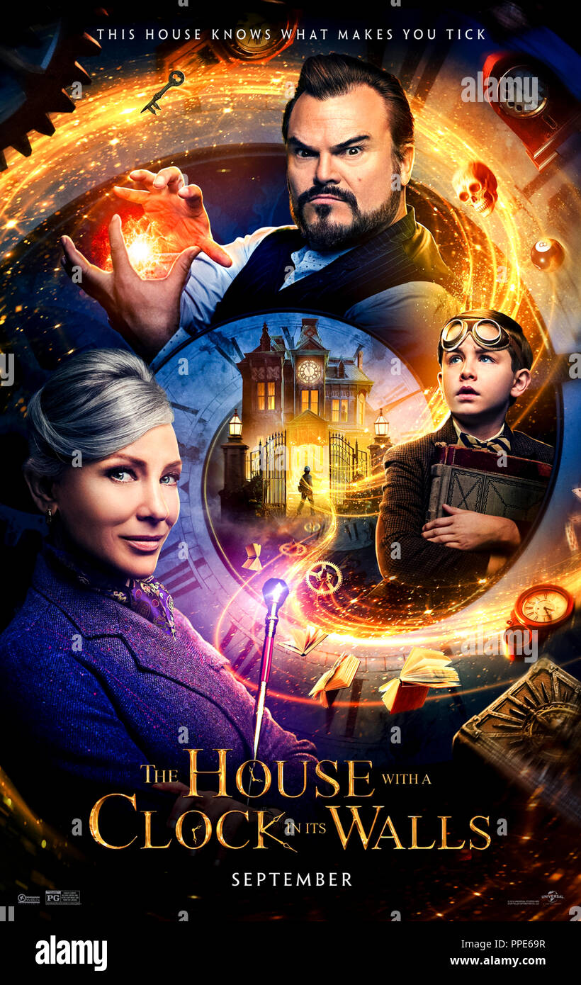 The House with a Clock in Its Walls (2018) directed by Eli Roth and starring Jack Black, Cate Blanchett, Owen Vaccaro and Kyle MacLachlan. An orphan discoverers his uncle is a warlock and helps him find a deadly clock. Stock Photo