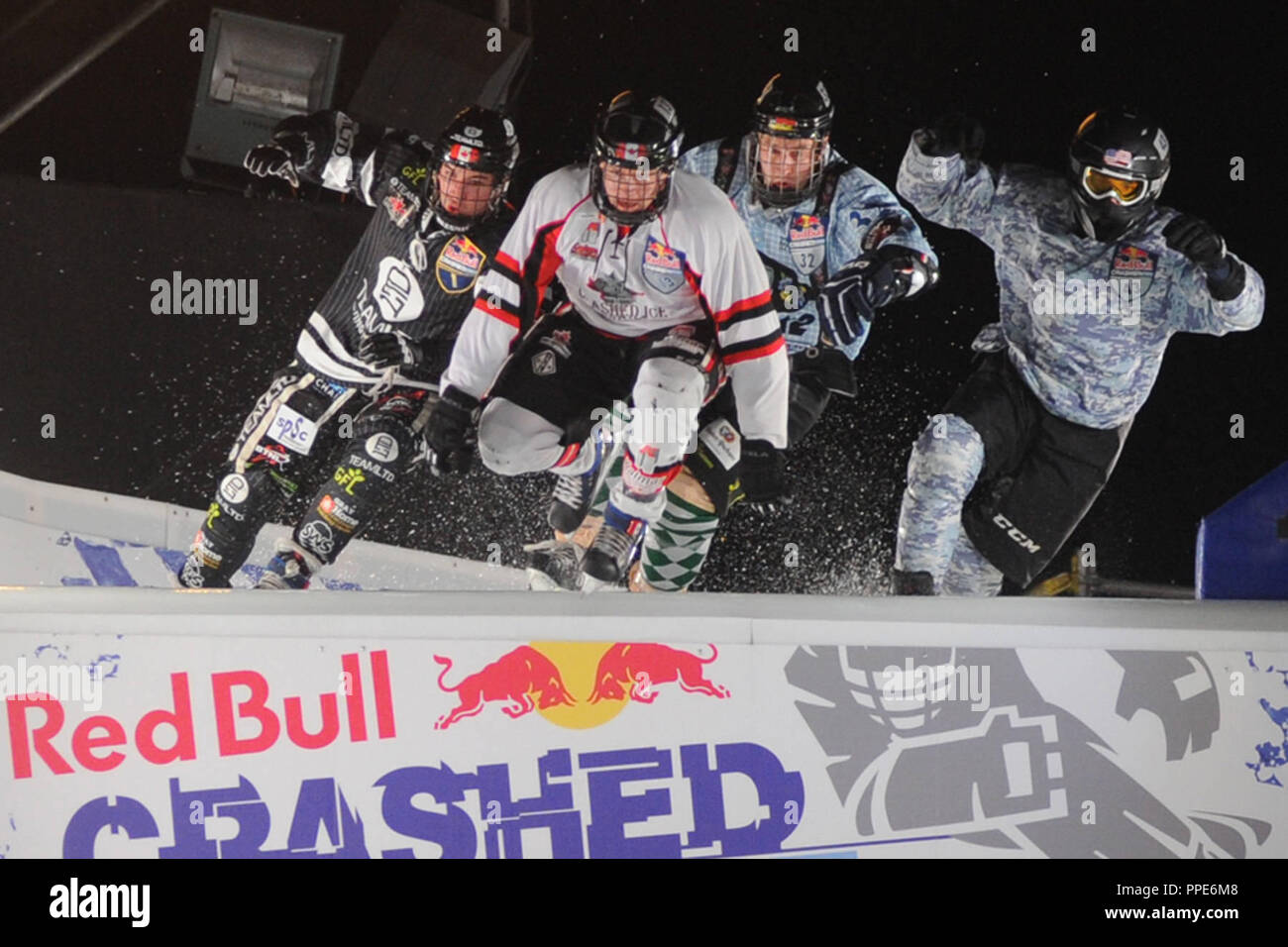 At the Red Bull Crashed Ice Contest in the Munich Olympiapark participants race down the ice