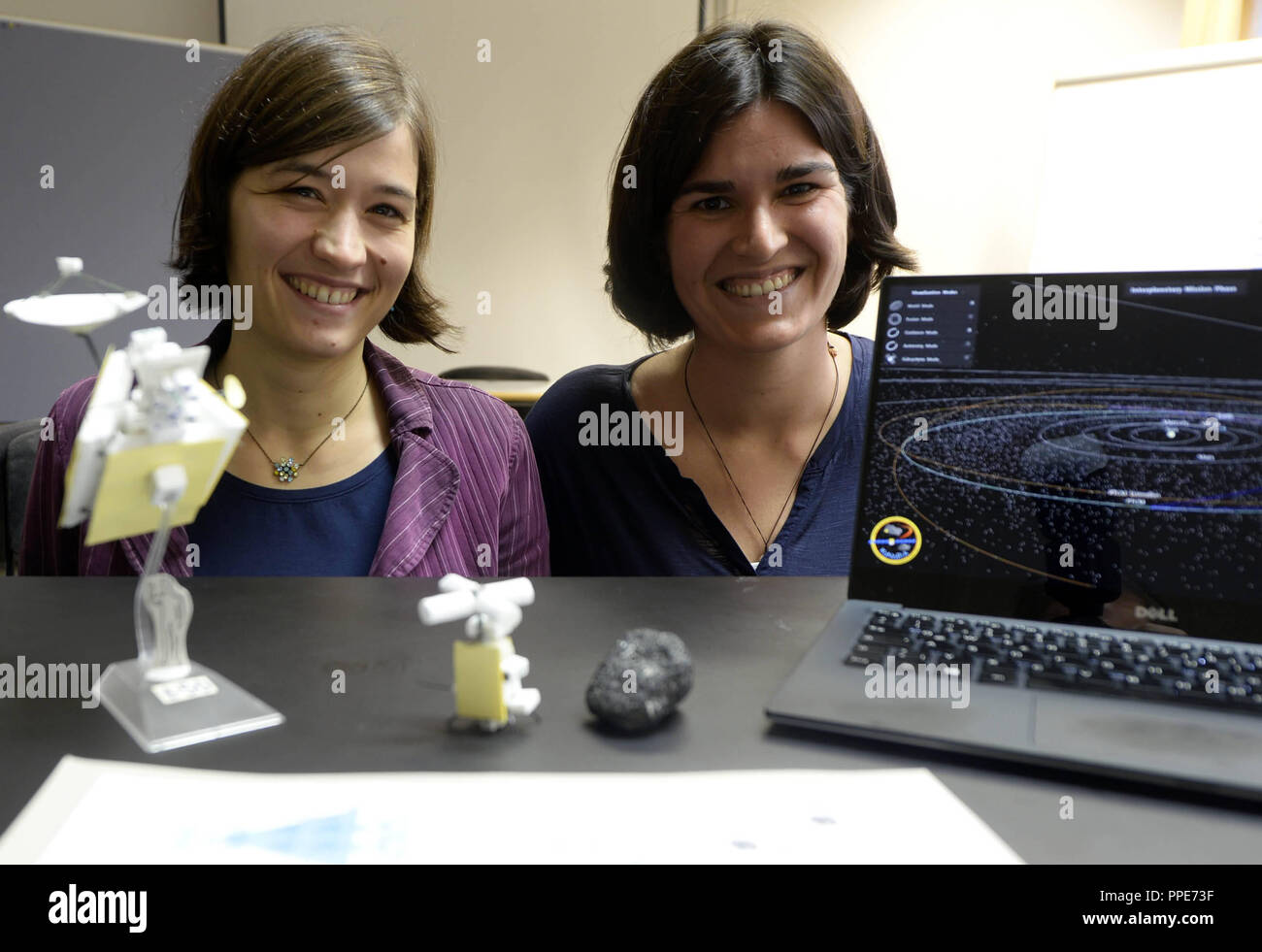 Alena Probst (left) and Graziela Gonzalez-Peytavi (right) are working on a project at the University of the Federal Armed Forces in Neubiberg, as part of which robots are to explore asteroids with regard to possible raw materials. Stock Photo