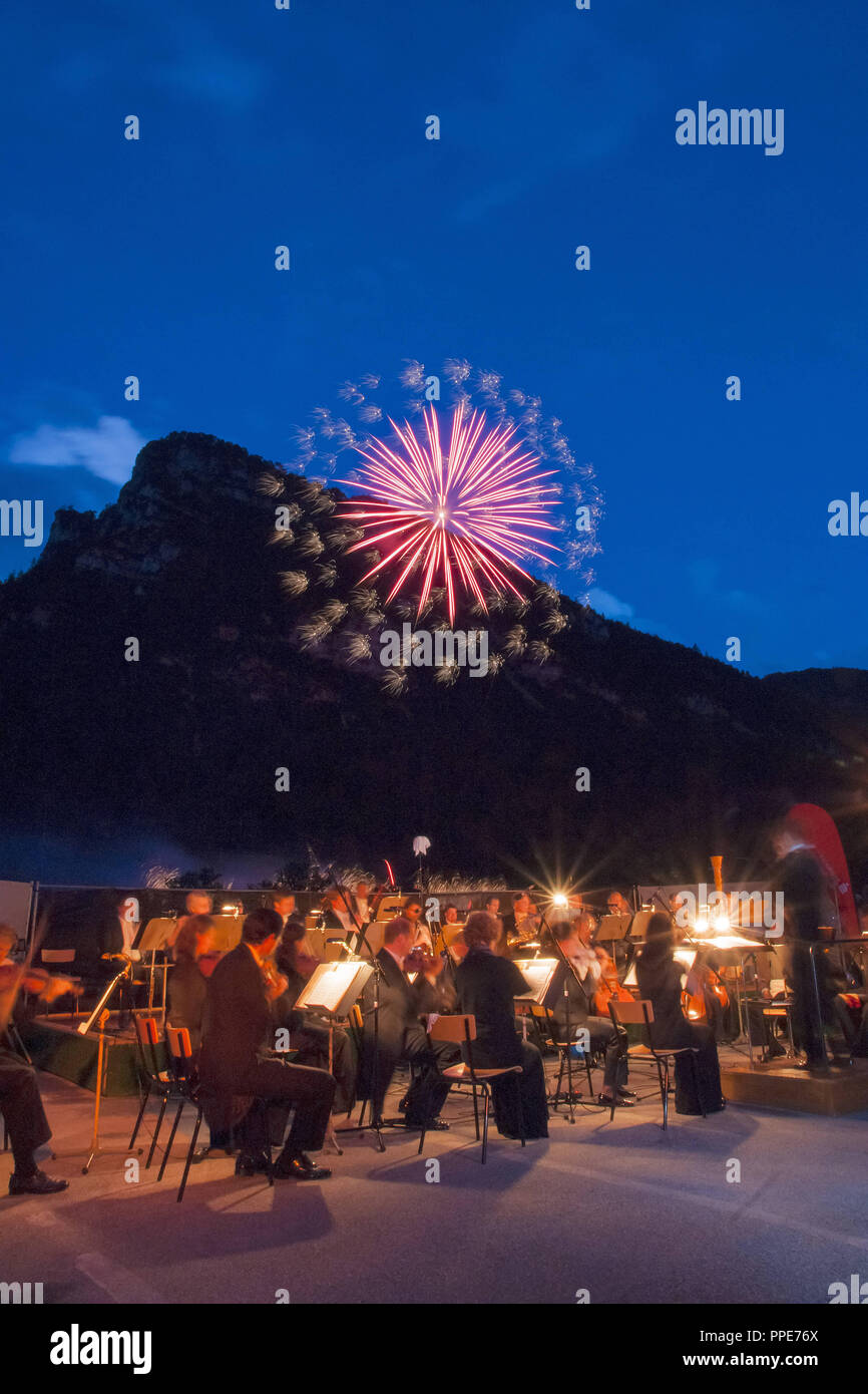 Outdoor concert of the Philharmonic Bad Reichenhall at Thumsee near Bad Reichenhall with huge fireworks, Berchtesgaden, Germany Stock Photo