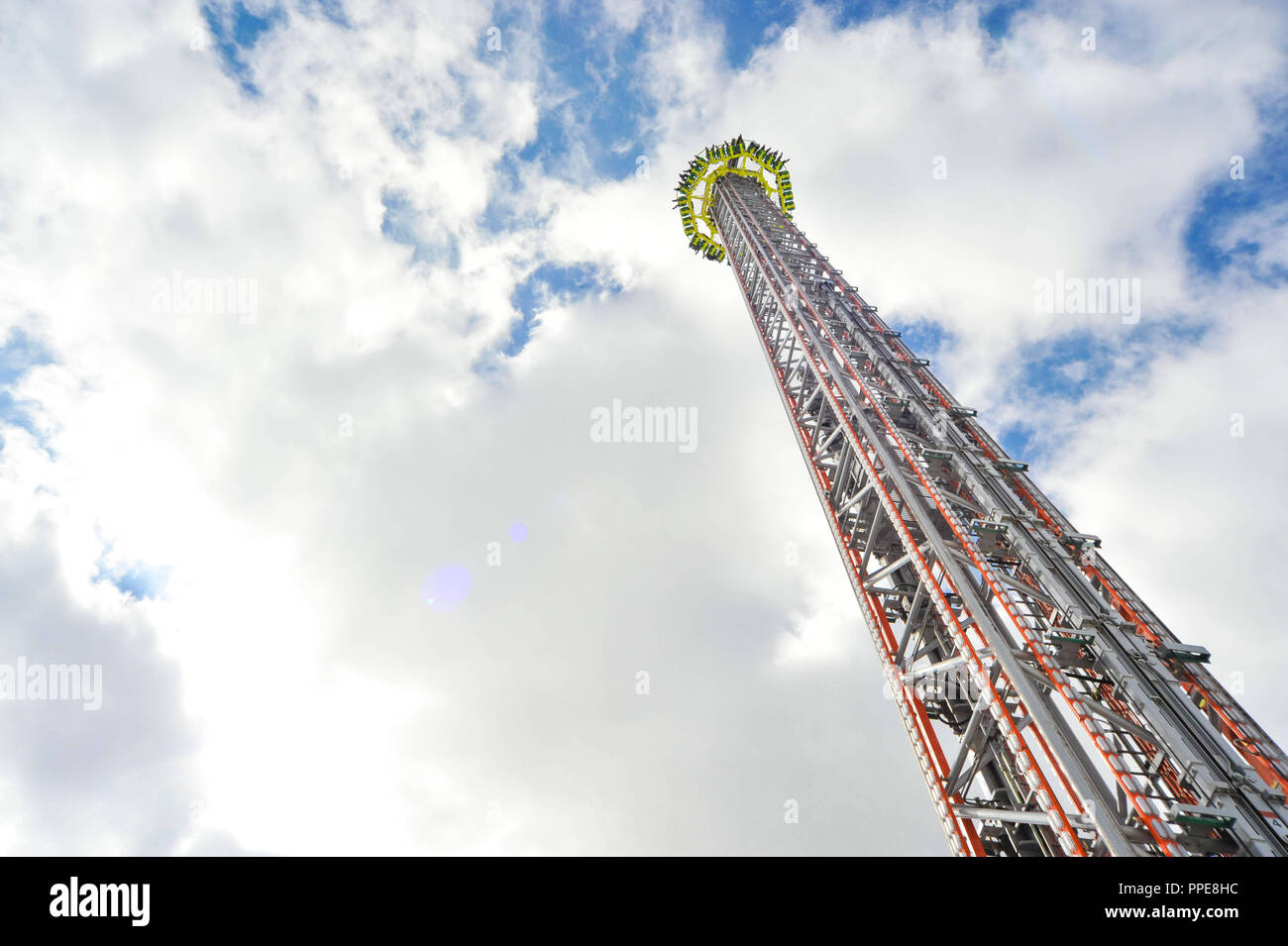 The 'Power Tower' drop tower at the Munich Oktoberfest. Stock Photo