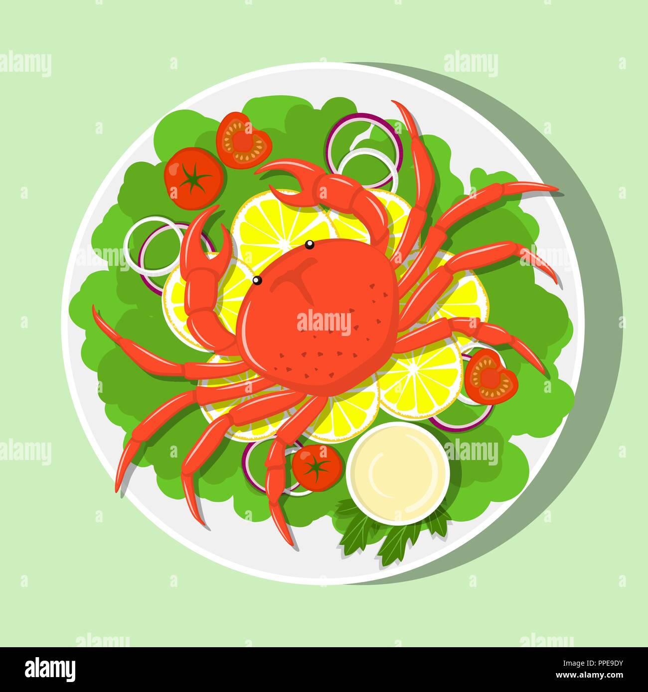 Big red crab on white plate with lemon slices, lettuce leaves, onion, tomatos, sauce. Vector flat illustration Stock Vector