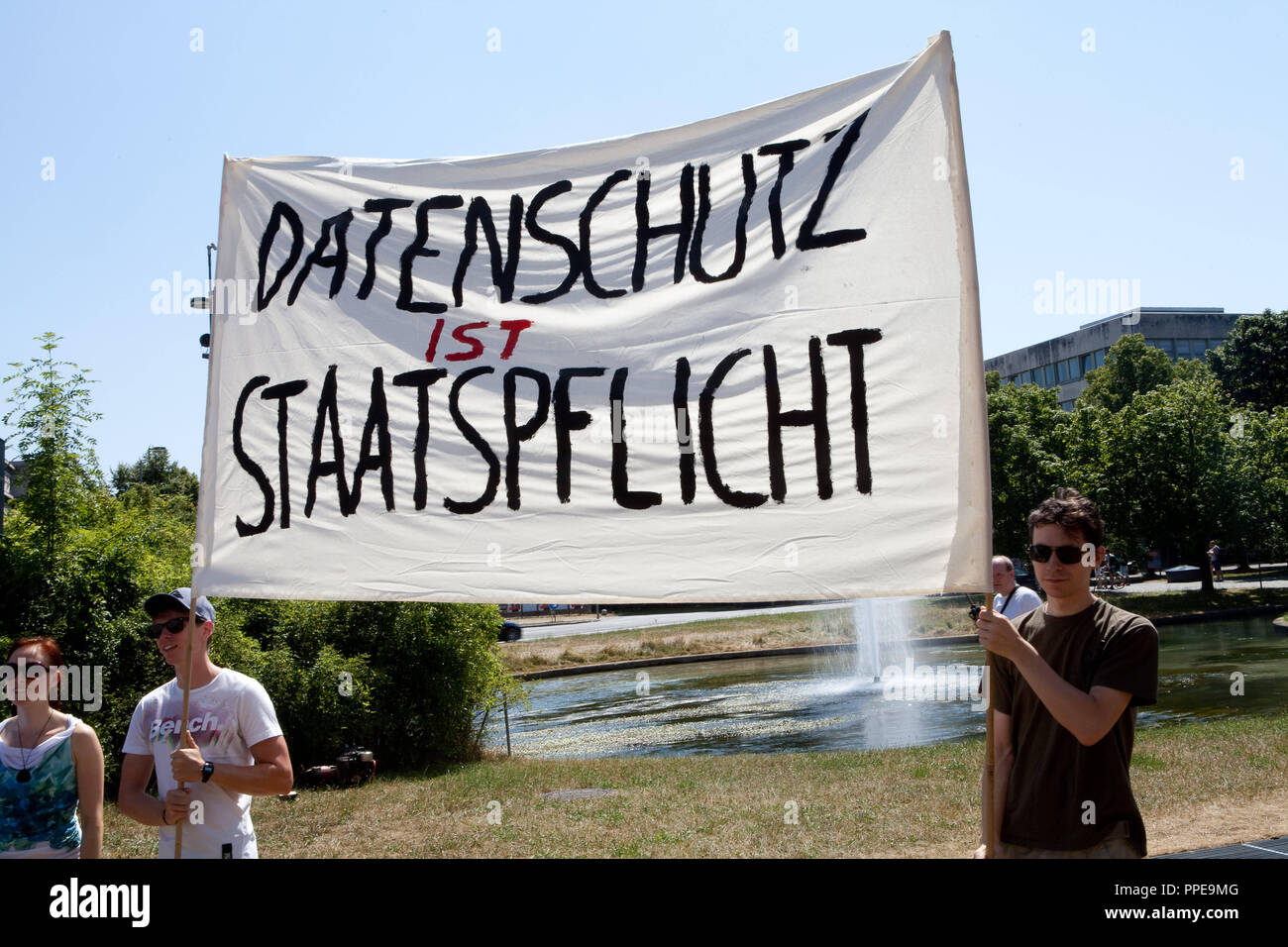 StopWachtingUs: demonstrators protest in front of Prinz-Carl-Palais against the interception of the U.S. Secret Service NSA and for the protection of civil rights. The event was part of a bipartisan, decentralized, nationwide day of action. Stock Photo