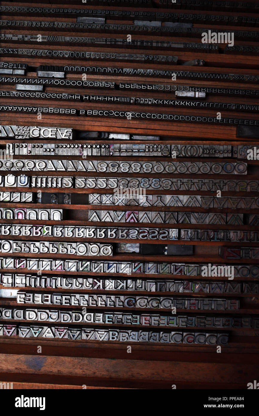 Old type metals for printing in the City Museum Fuerstenfeldbruck. Stock Photo