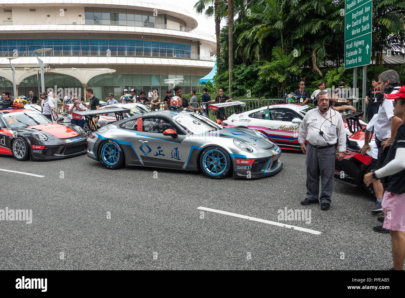 Porsche 911 GT3 Racing Cars Participating in the Porsche Carrera Cup Asia at the Marina Bay Street Circuit Singapore Asia Stock Photo