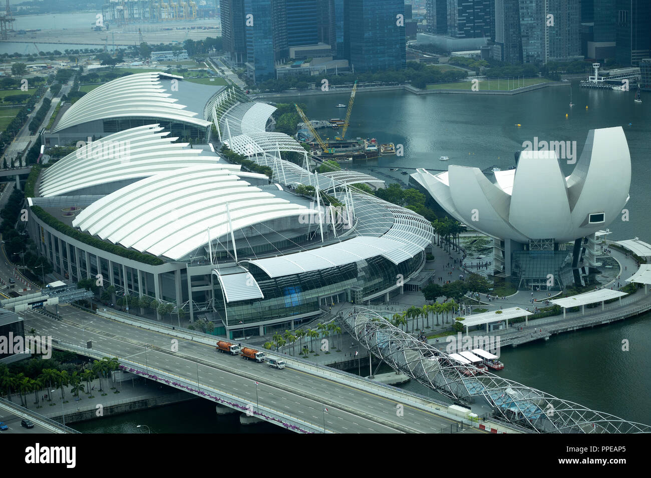 Aerial View of the Artscience Museum and The Shoppes at Marina Bay Sands with Singapore River and Marina Bay Waterfront Republic of Singapore Asia Stock Photo