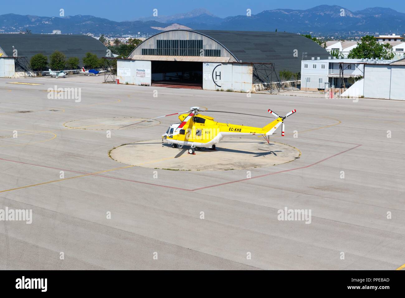 Palma de Mallorca, Spain - May 11, 2018: PZL-Swidnik W3 Soko  helicopter at Son Bonet airport in Spain. | usage worldwide Stock Photo