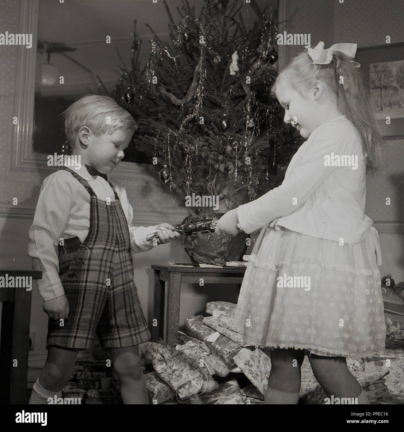 1950s, historical, a young boy and girl pull a christmas cracker in front of a small decorated christmas tree and a with pile of presents underneath, England, UK. The traditional of pulling crackers is said to date back to the mid 1850s when they were first made by a man called Tom Smith, who got the idea from the 'crackle' an open fire makes. Stock Photo