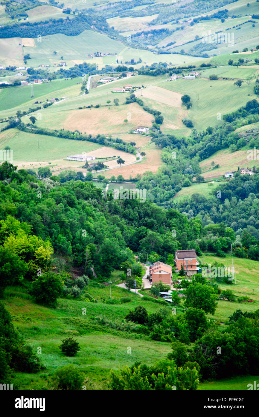Lovely green lush countryside in the morning light. Italy Stock Photo