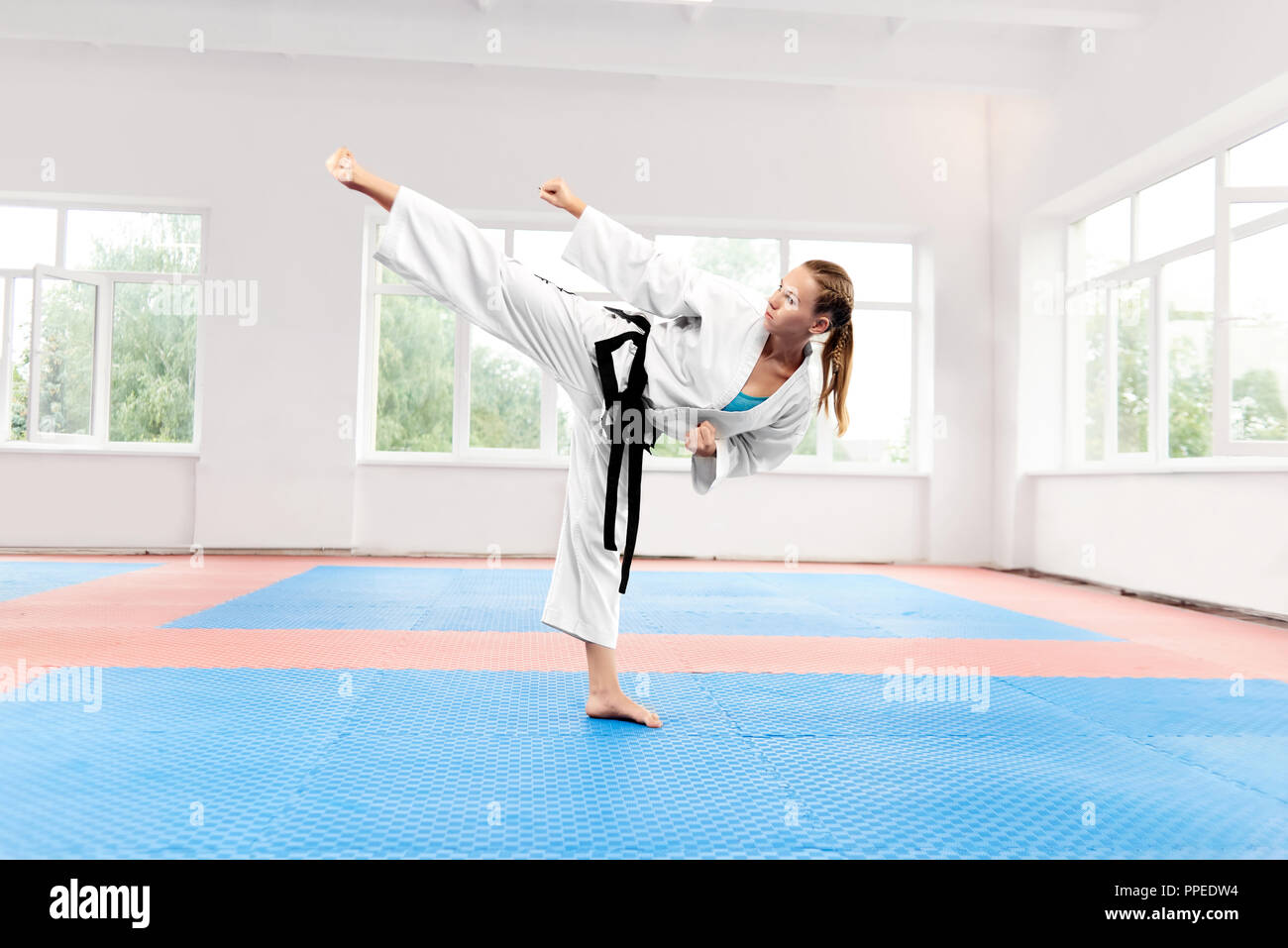 Sporty karate woman in white kimono with black belt against big window standing in karate position at fight class. Female fighter with blue eyes and braided hair improving technique of fight. Stock Photo