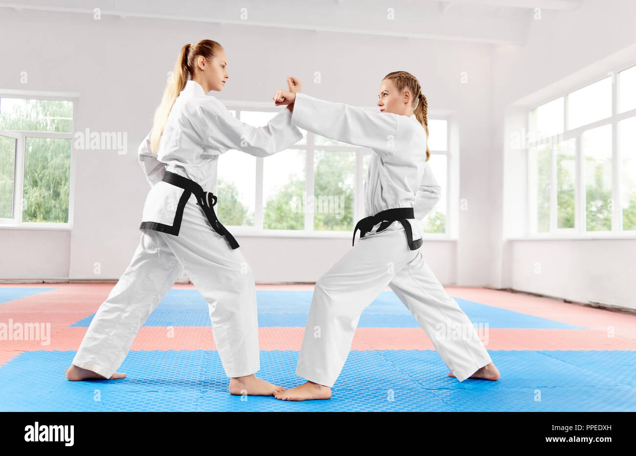 Two young athletic girls struggling using karate techniques in light karate class. Strong women wearing in white kimono and black belts doing competitions among themselves. Concept of sport. Stock Photo