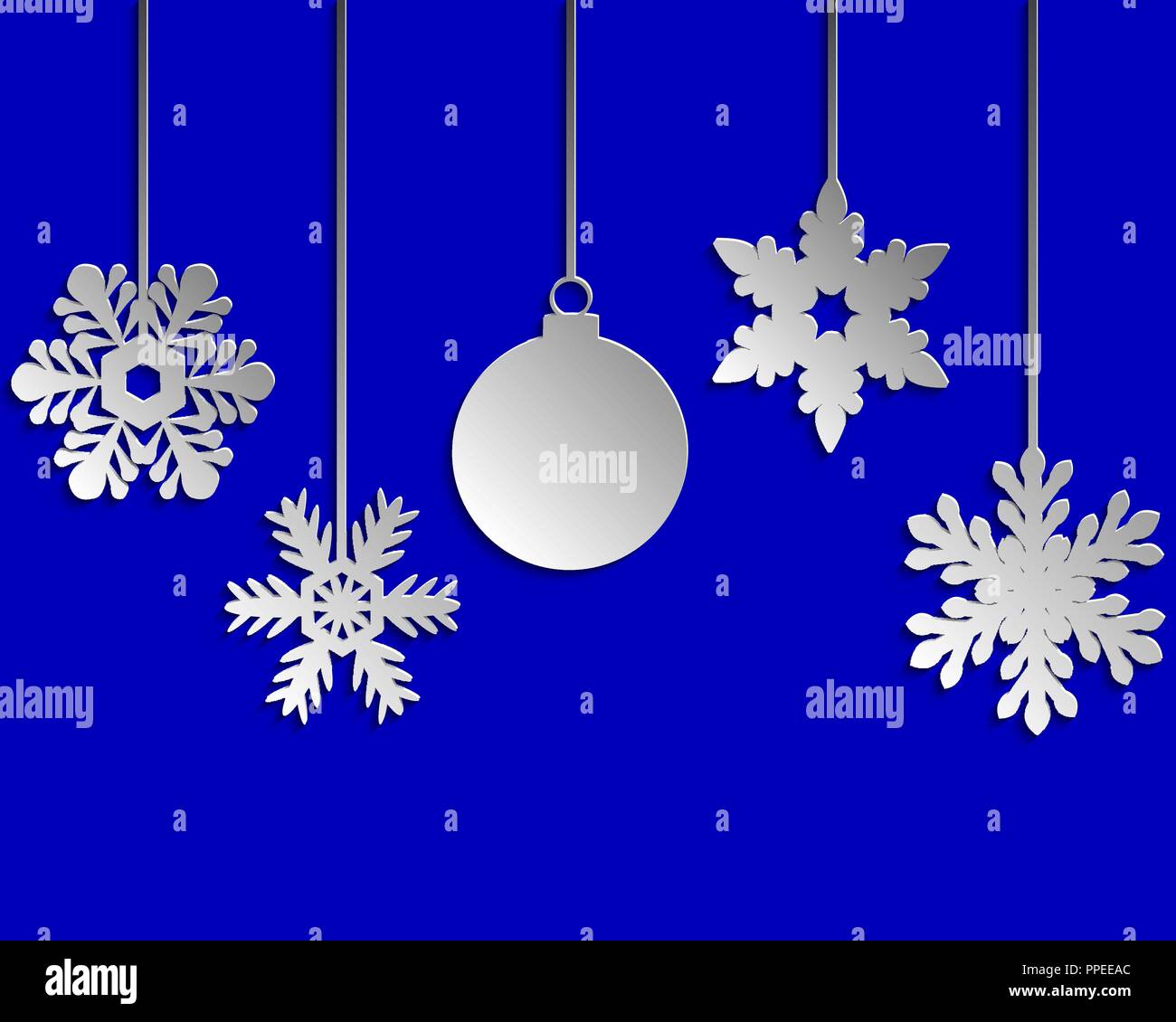 Paper snowflakes Christmas tree and Christmas ball hanging on a clothesline on a blue background Stock Vector