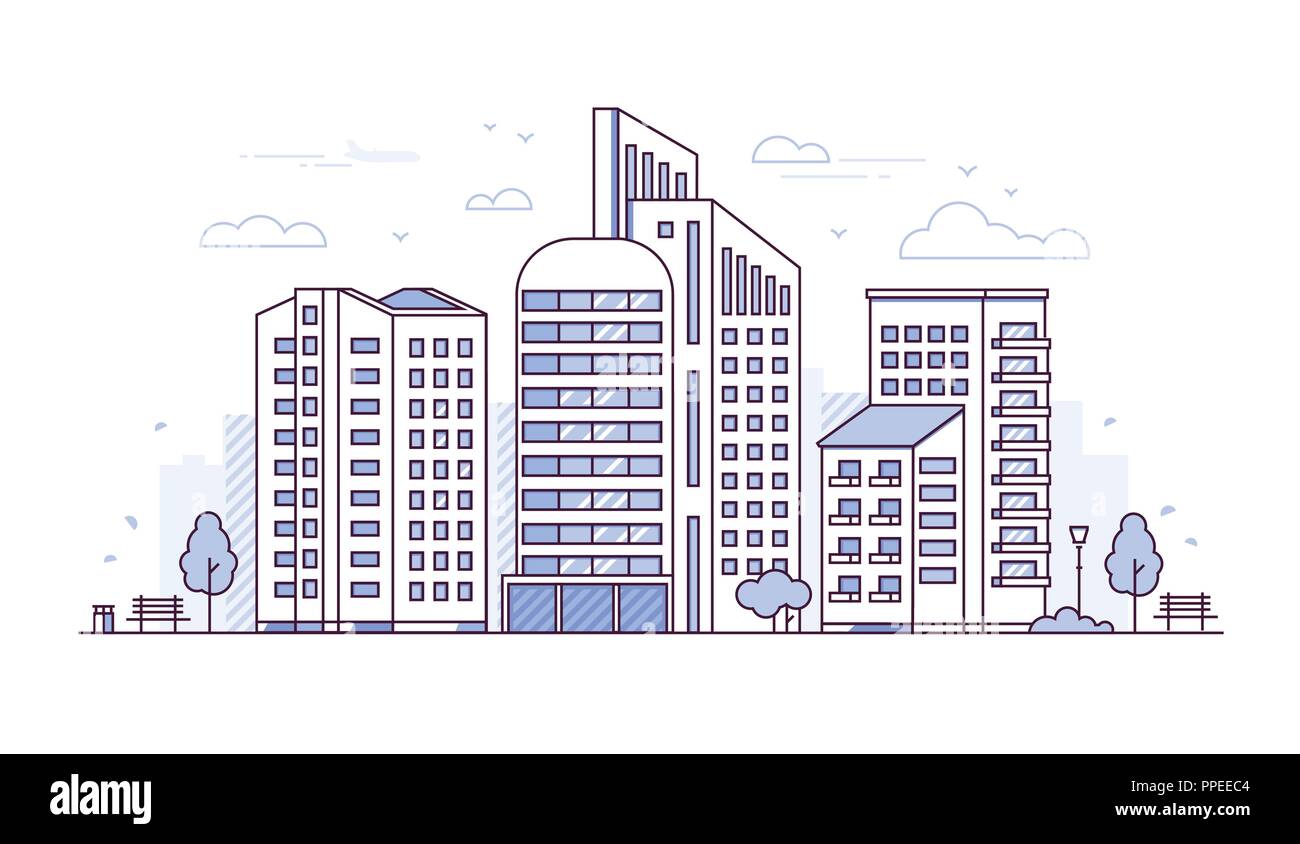 Urban landscape - modern thin line design style vector illustration ...