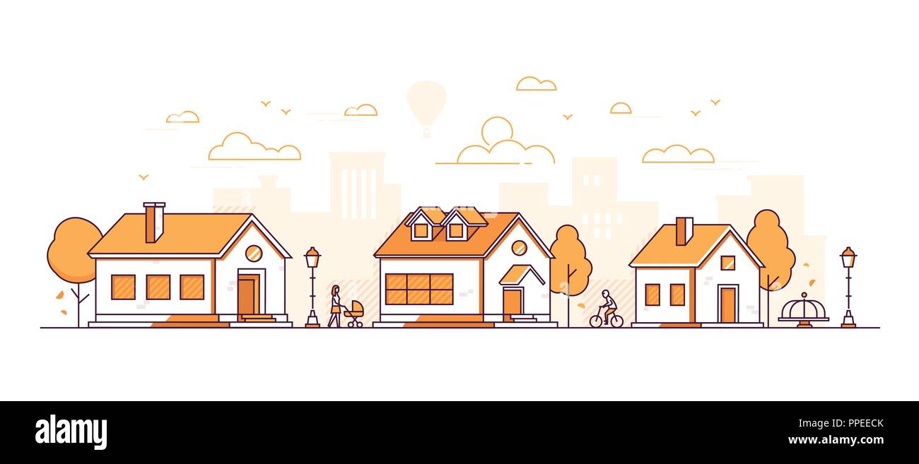 Town landscape - modern thin line design style vector illustration ...
