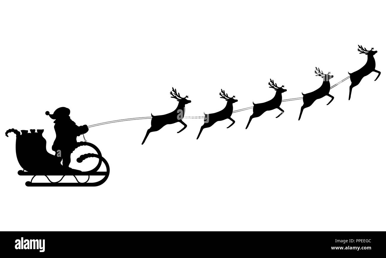 Santa Claus rides in a sleigh in harness on the reindeer Stock Vector