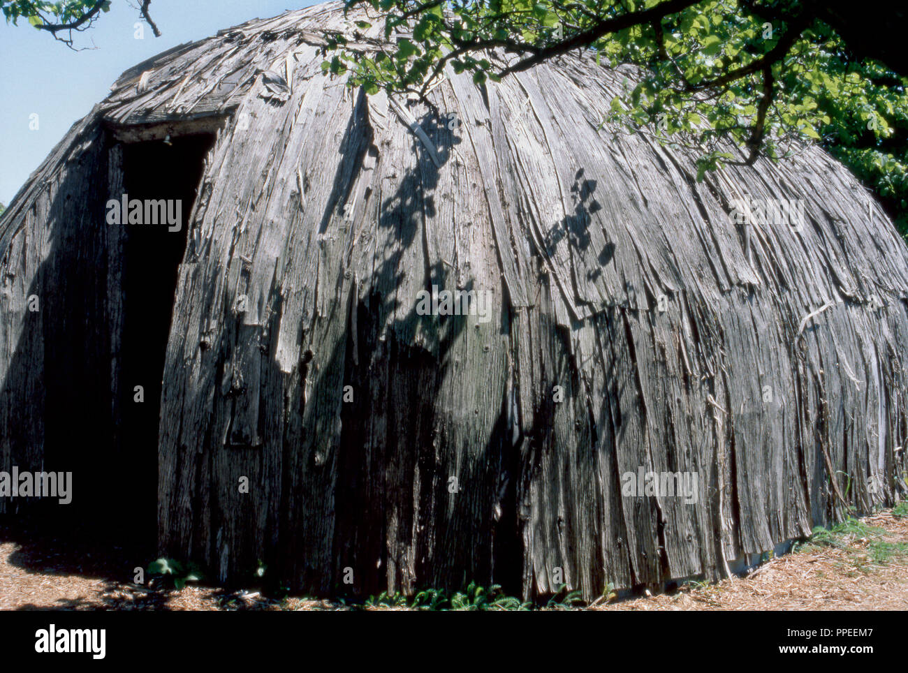 Menomonee bark lodge built as chapel for French missionaries (reconstructed), Green Bay WI. Photograph Stock Photo