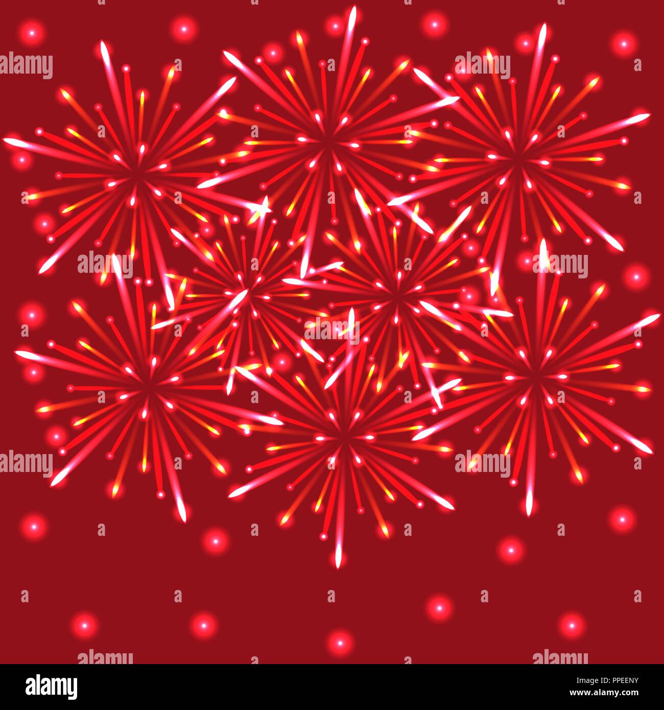 Colorful fireworks on a red background with lights and reflections