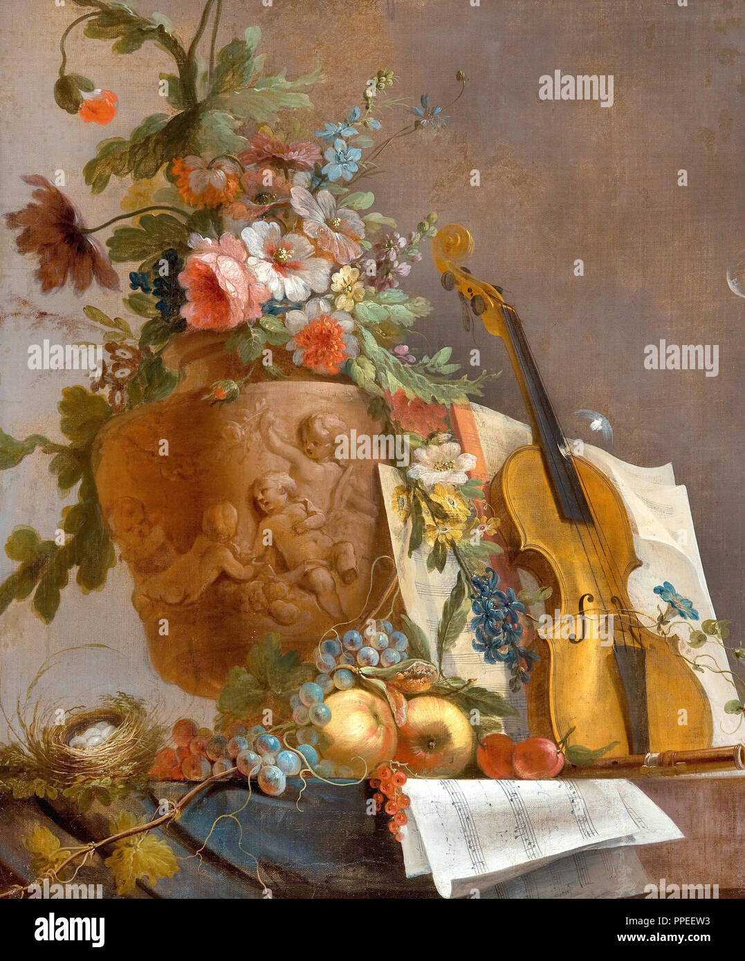 Jean-Jacques Bachelier, Still Life with Flowers and a Violin. Circa 1750. Oil on canvas. Art Gallery of South Australia, North Terrace, Australia. Stock Photo