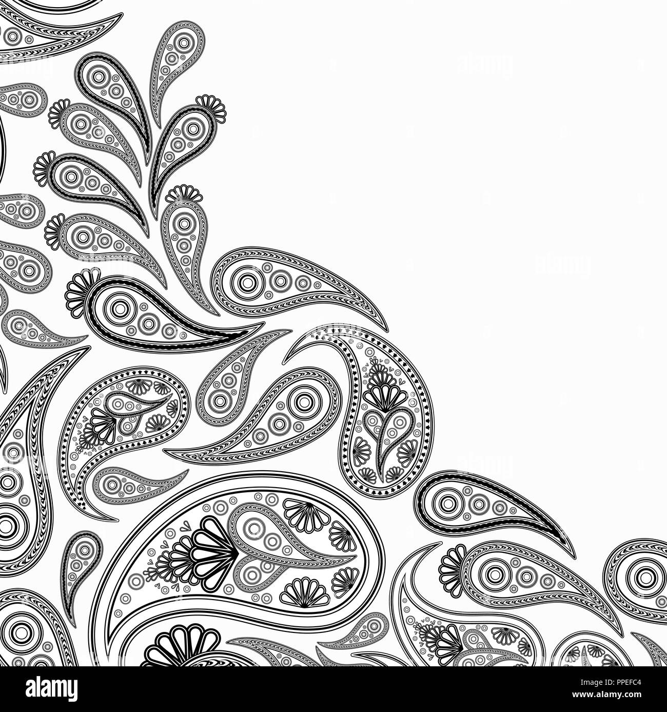 Paisley black and withe vector background,  floral abstract design pattern, indian art ornament. Stock Vector