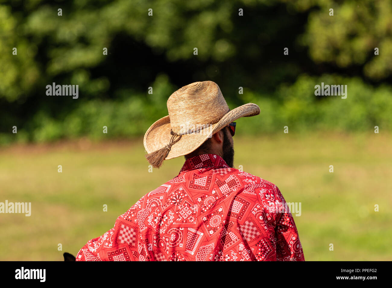 Italian and American Cowboys, warming up in an international rodeo show. Vintage nostalgia on a sunny day at the ranch. Redshirt, blue jeans, men. Stock Photo