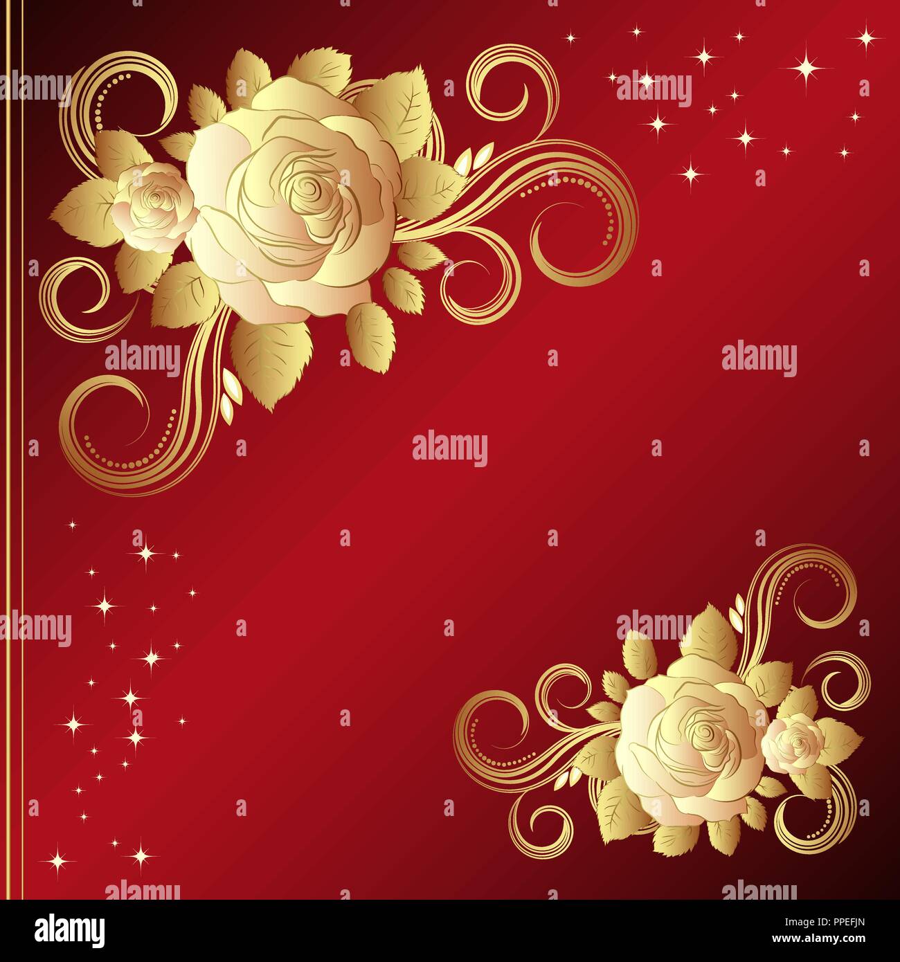 Red background with golden roses, vector illustration - Illustration ...