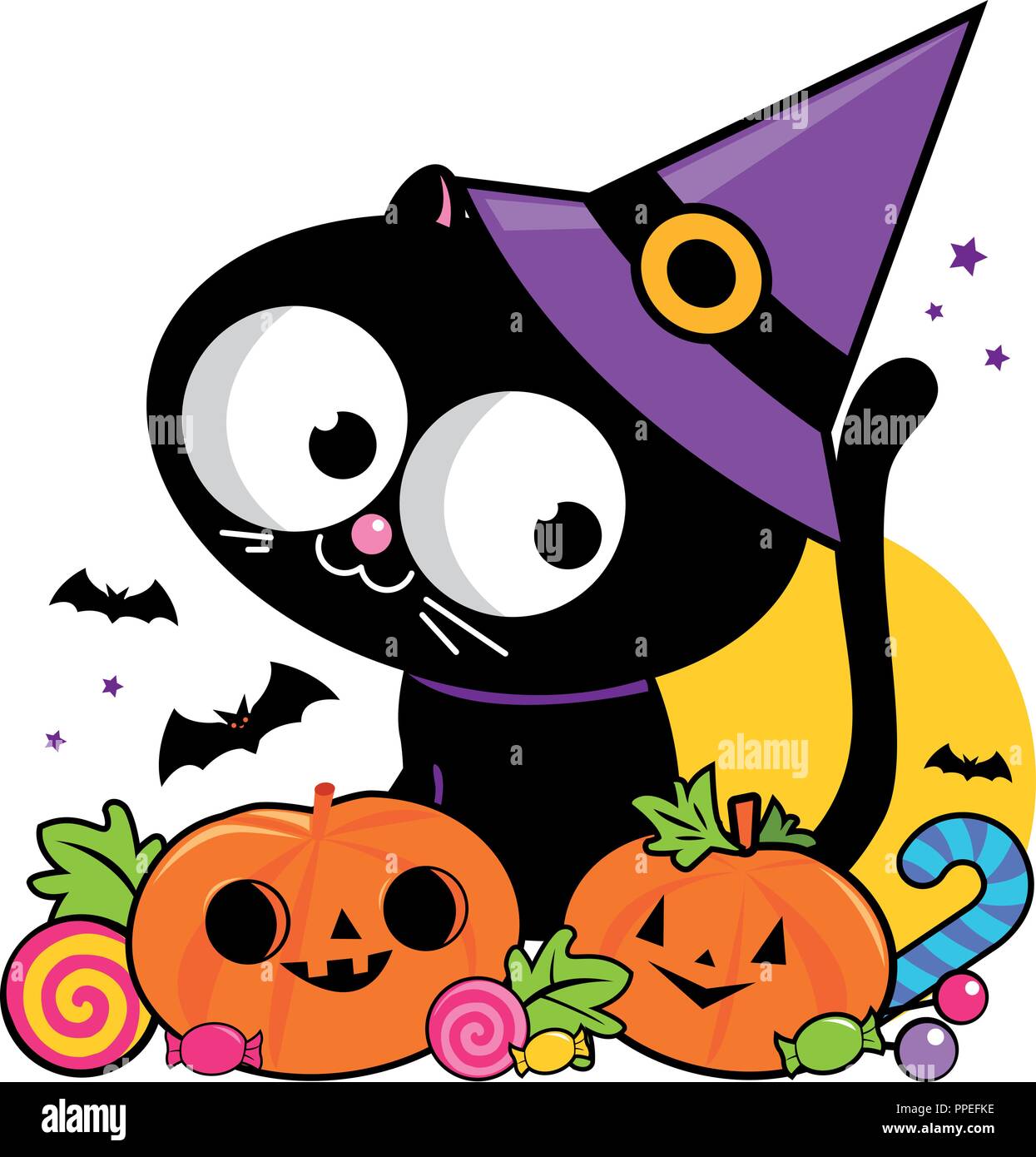 Halloween black cat with witch hat, pumpkins and candy. Vector ...