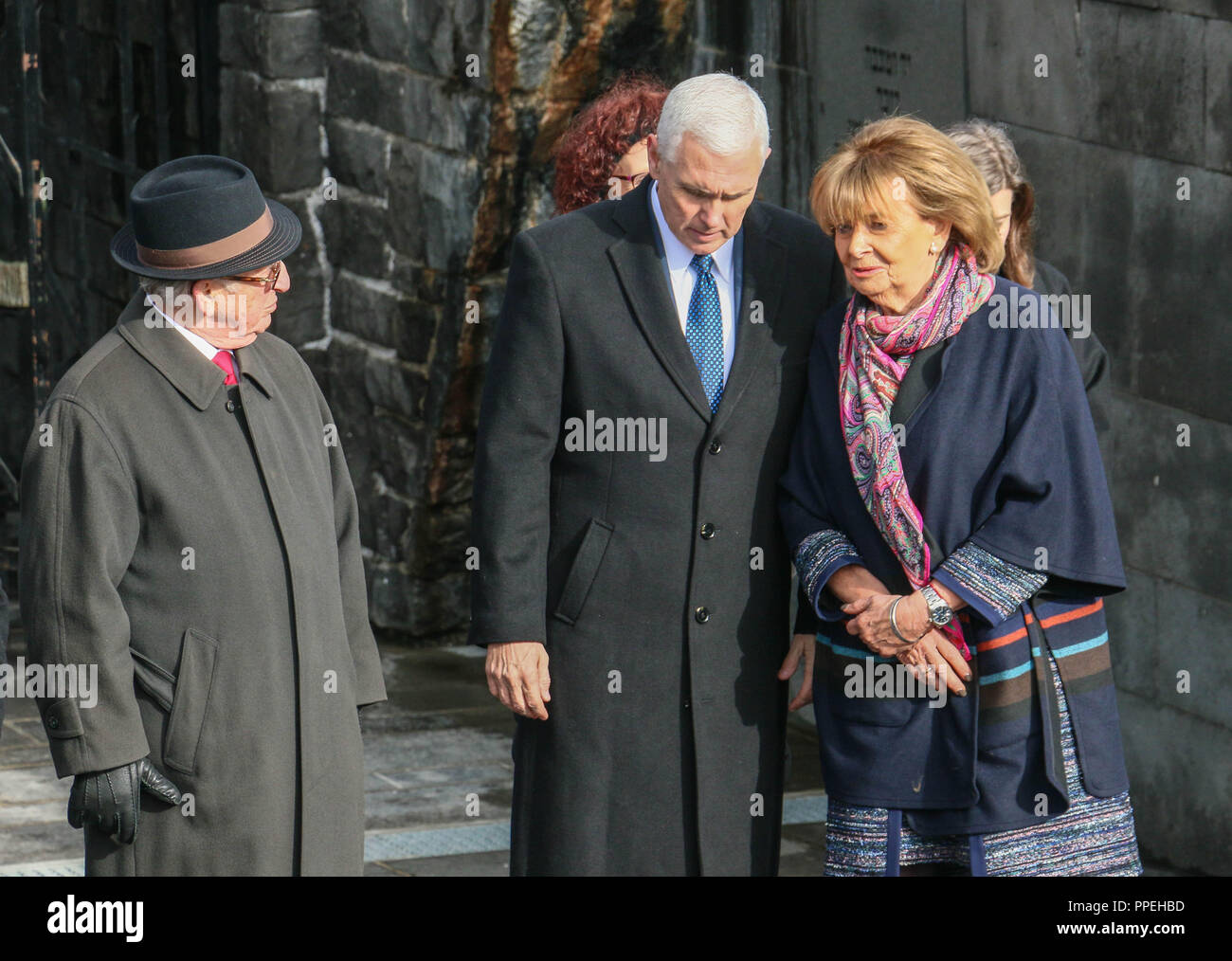 The US Vice President Mike Pence (m.) on a visit to the Dachau Concentration Camp Memorial Site. Abba Naor, at right Charlotte Knobloch, President of the Israelitische Kultusgemeinde Muenchen und Oberbayern. Stock Photo