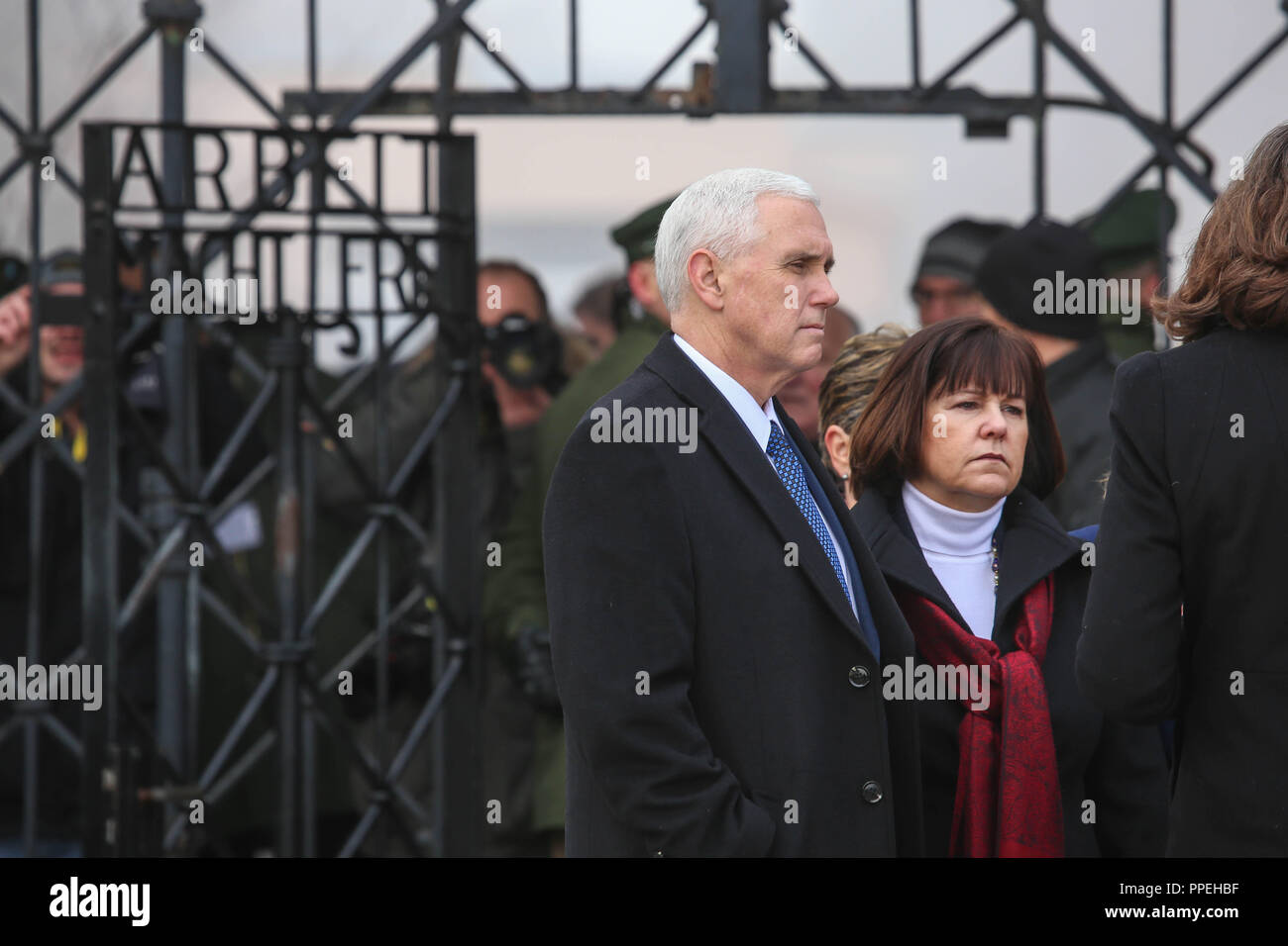 The American Vice President Mike Pence and his wife Karen on a visit to the Dachau Concentration Camp Memorial Site. Stock Photo