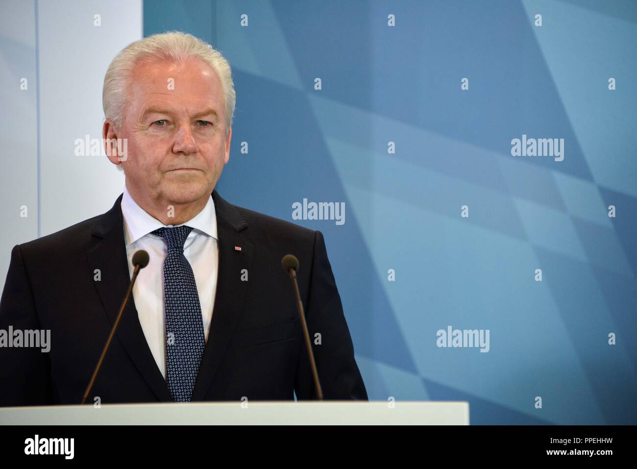 Dr. Ruediger Grube, Chairman of the Board of Management of Deutsche Bahn AG, at a press conference on the top-level talks concerning major railway projects in Bavaria at the Bavarian State Chancellery in Munich. Stock Photo
