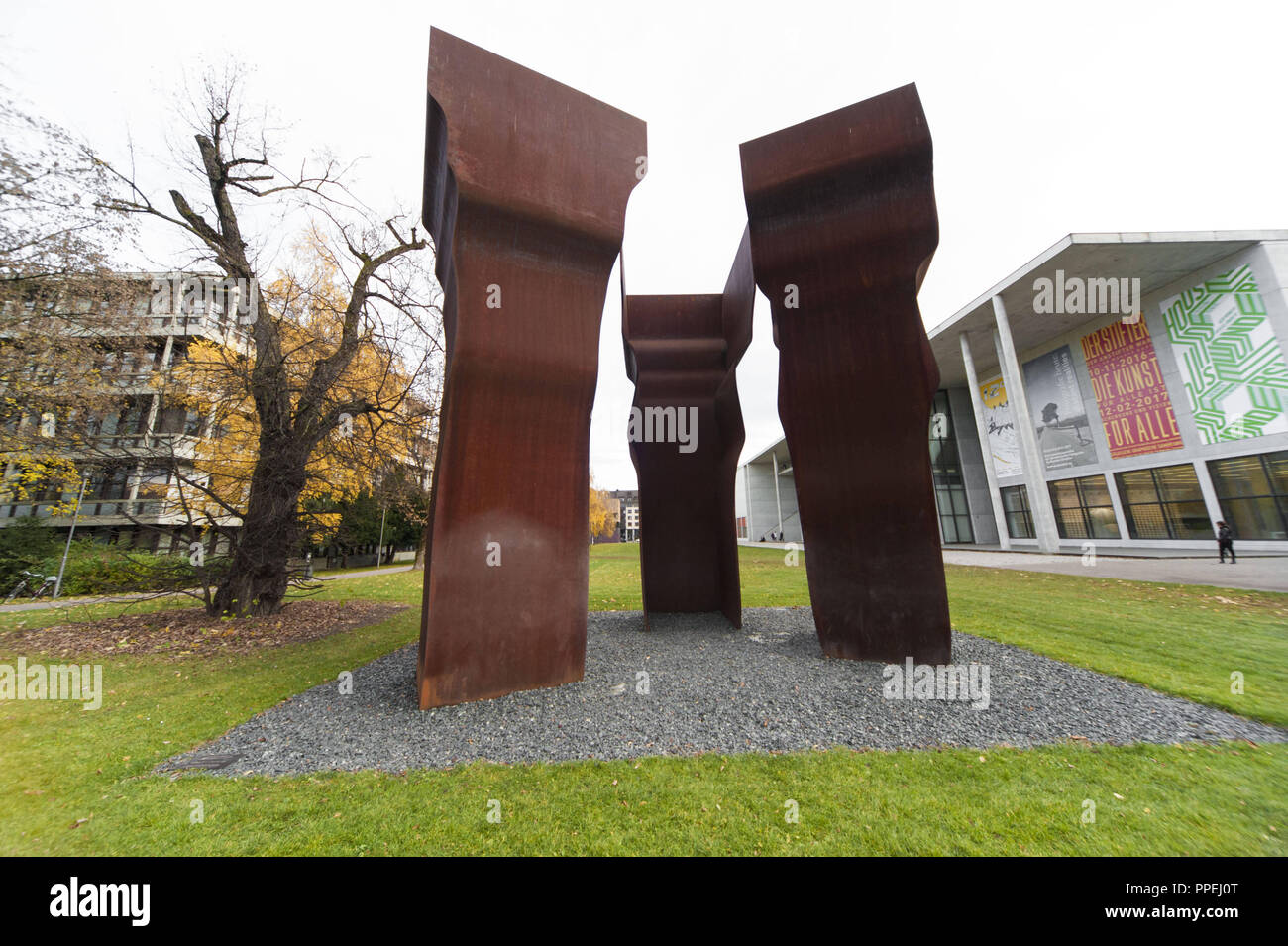 The sculpture Buscando la Luz (Searching the light) by the Basque sculptor Eduardo Chillida in front of the Pinakothek der Moderne (in the background on the right) on the Barer Strasse in Munich's museum quarter. Stock Photo