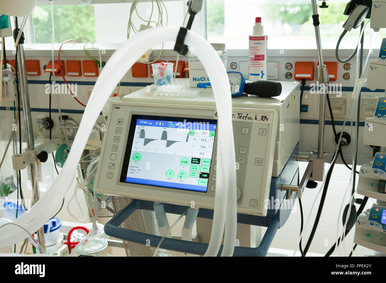 Respiratory device in the weaning unit of the intensive care unit of Klinikum Harlaching. Stock Photo