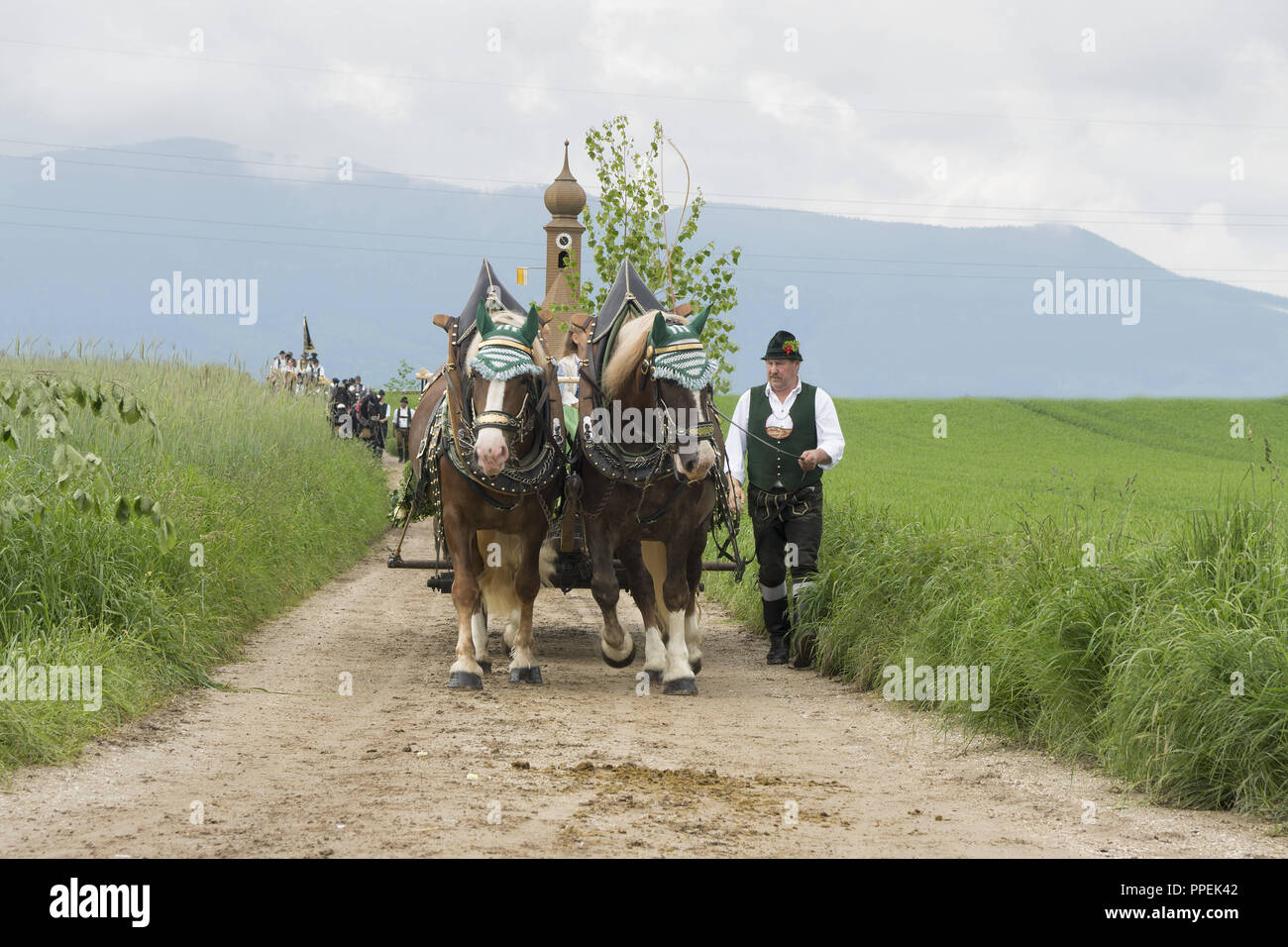 The traditional 'Leonhardiritt' in Holzhausen - Teisendorf, Oberbayern, Germany. During the parade which was first mentioned in 1612,  the beautifully dressed horses are being blessed. Stock Photo