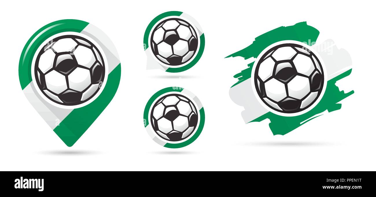 Nigerian football vector icons. Soccer goal. Set of football icons. Football map pointer. Football ball. Soccer ball vector sign. Scoring a goal Stock Vector