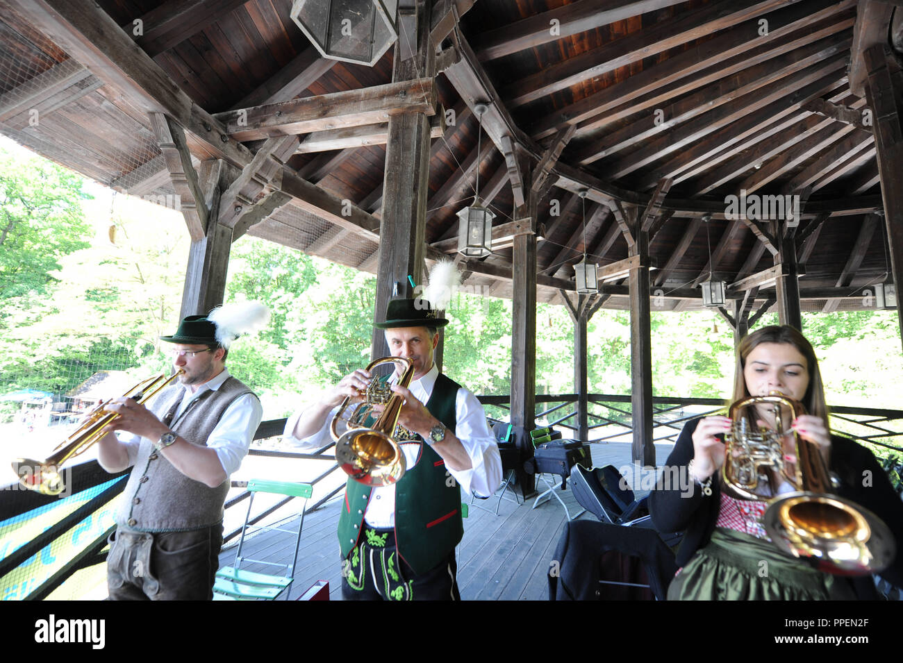 The 225th anniversary of the English Garden. A marching band plays at the Chinese Tower in Munich. Stock Photo
