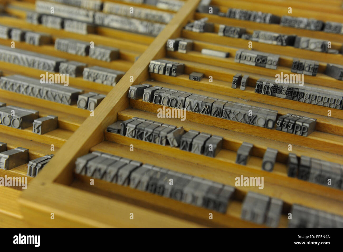 Letters in type case in a workshop at the Deutsches Museum in Munich. Stock Photo
