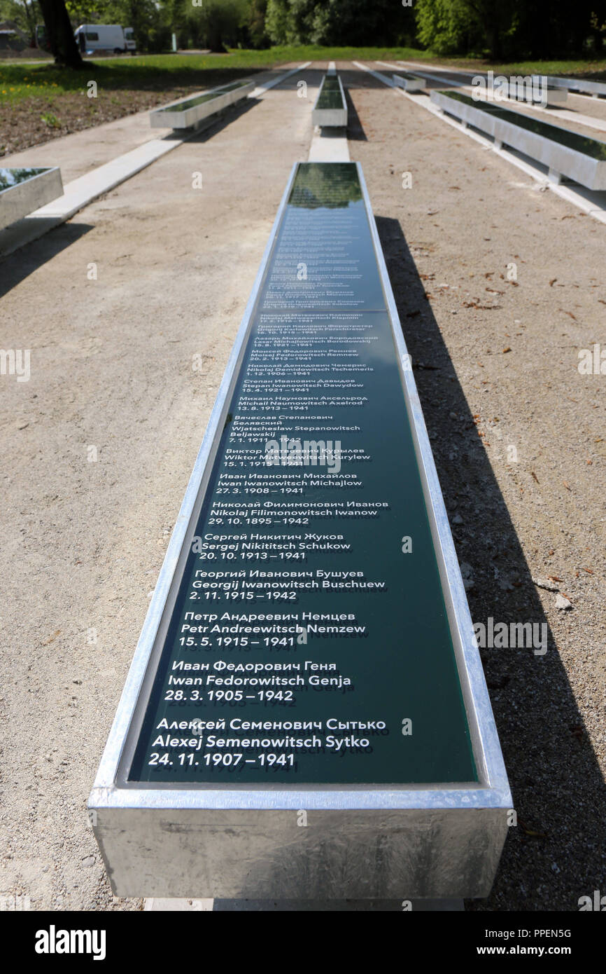 Name plates of killed Soviet soldiers on the grounds of the newly designed memorial site 'SS Shooting Range Hebertshausen'. In the years 1941 and 1942 about 4,000 captured Red Army soldiers were executed here with cold blood by the SS. Stock Photo