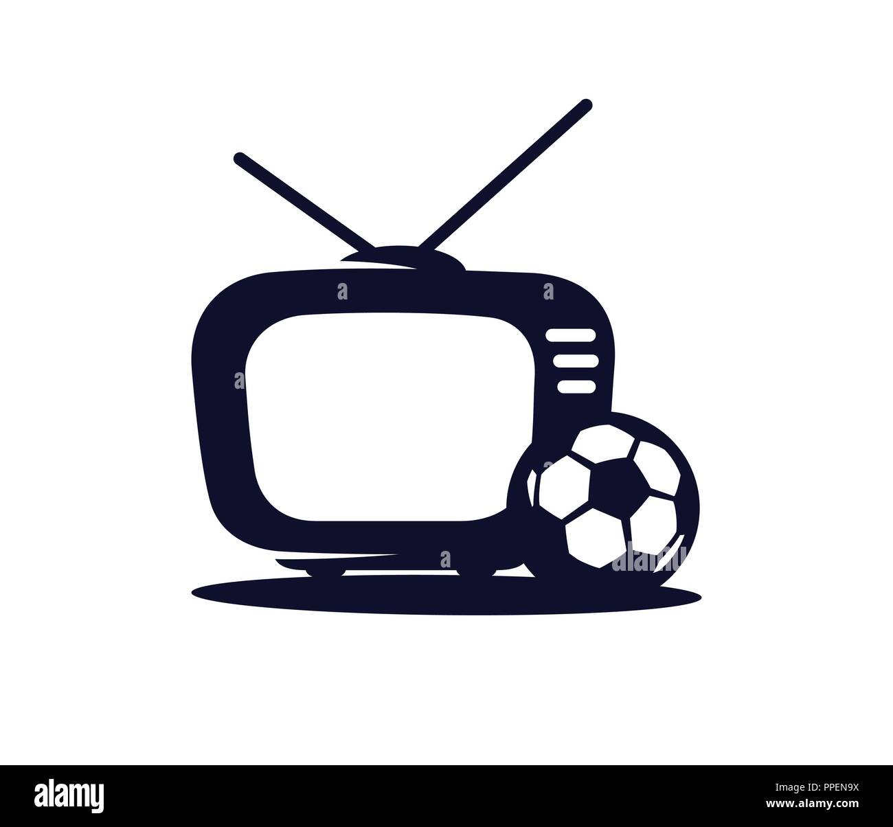 Football TV vector icon in a flat style isolated on white background. Sports TV. TV with soccer ball vector illustration. Broadcast of the football ma Stock Vector