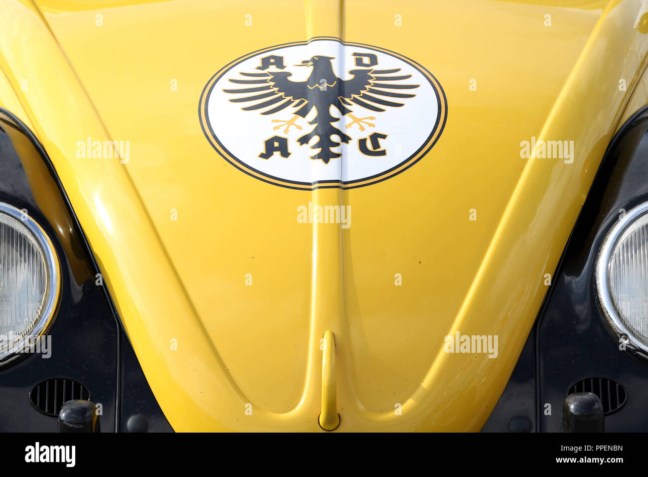 Old ADAC sticker on a vintage vehicle at the 11th Classic Car Meeting of the Automobile Club Munich (ACM), which takes place parallel to the Spring Festival on the Theresienwiese. Stock Photo