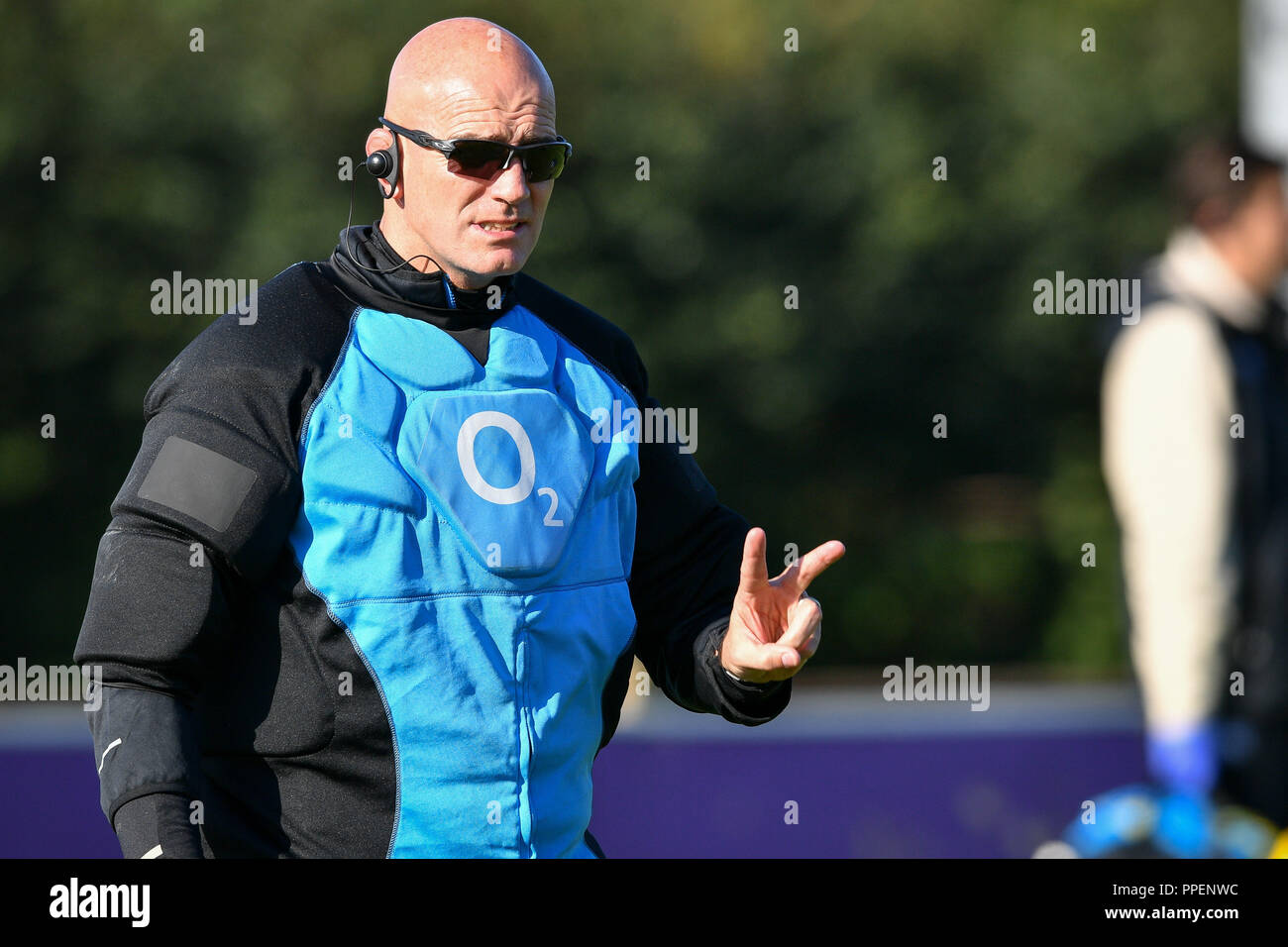 Defence coach John Mitchell wears a padded shirt during the training session at Clifton Rugby Club, Bristol. Stock Photo