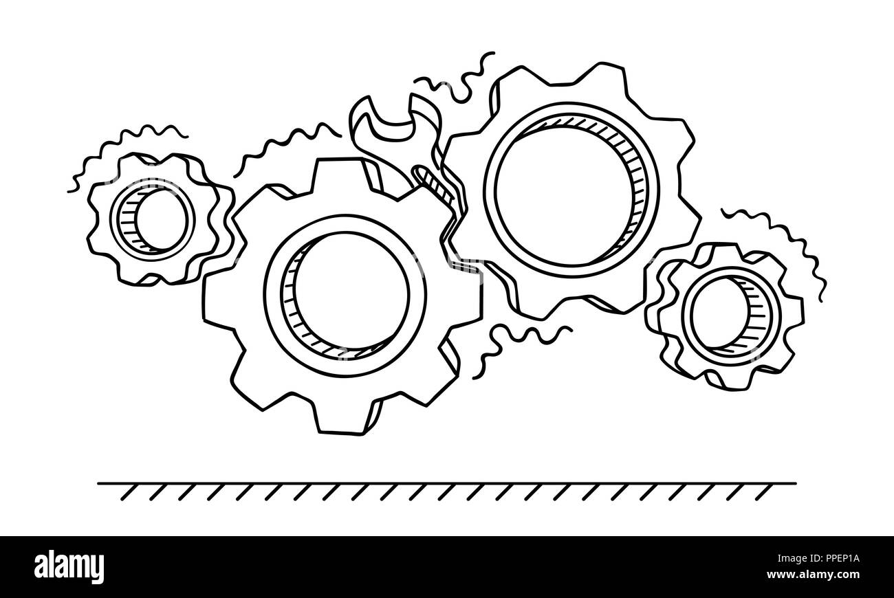 Non-working gears. Broken mechanism with a wrench vector illustration isolated on white. Jammed mechanism Stock Vector