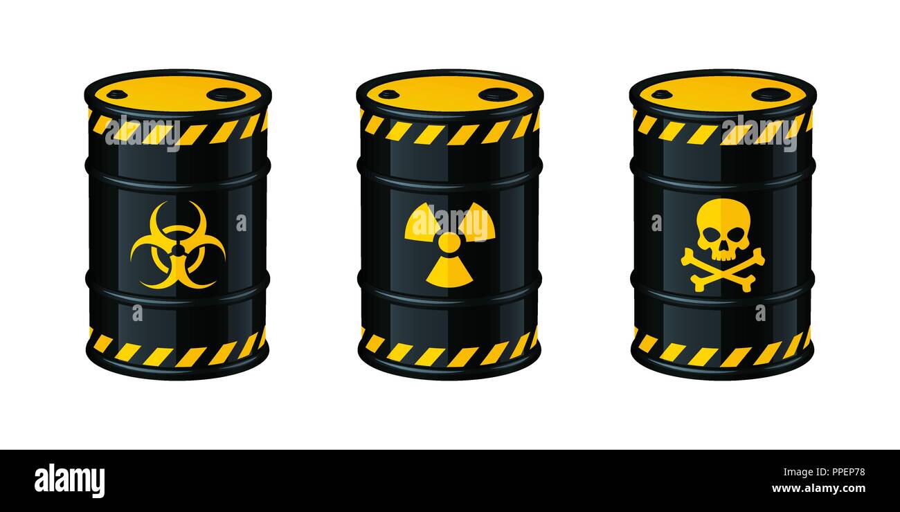 Barrels of waste vector illustration isolated on white background. Biohazard waste, Radioactive waste, Toxic waste. Stock Vector