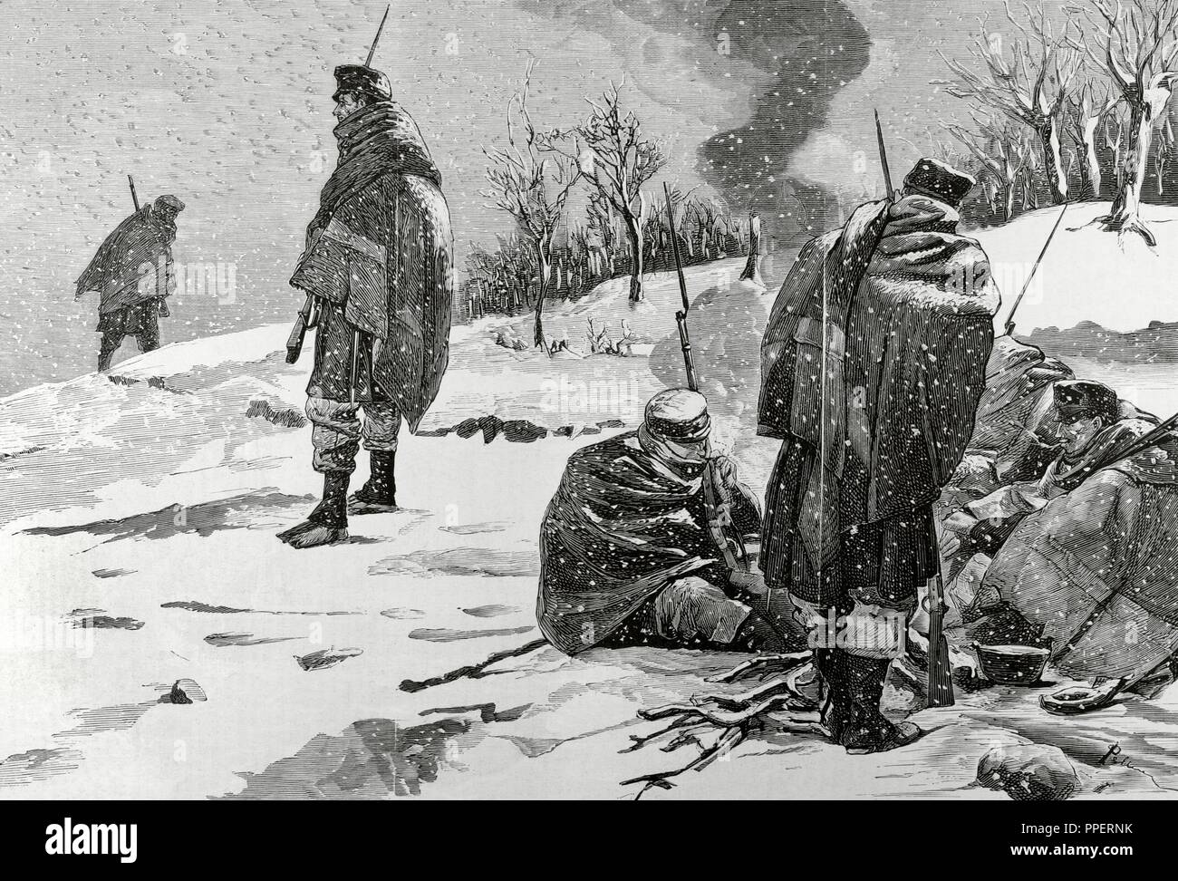 España. Tercera Guerra Carlista (1872-1876). Provincias Vascongadas. Avanzada del Regimiento de León en los Altos de Ochaniano (Otxandio), atrincherados por las tropas Carlistas. Dibujo de Pellicer. Grabado. Contexto de la Restauración Borbócia con Alfonso XII. La Ilustración Española y Americana, 15 de febrero de 1876. Biblioteca Histórico Militar de Barcelona. Cataluña, España. Stock Photo