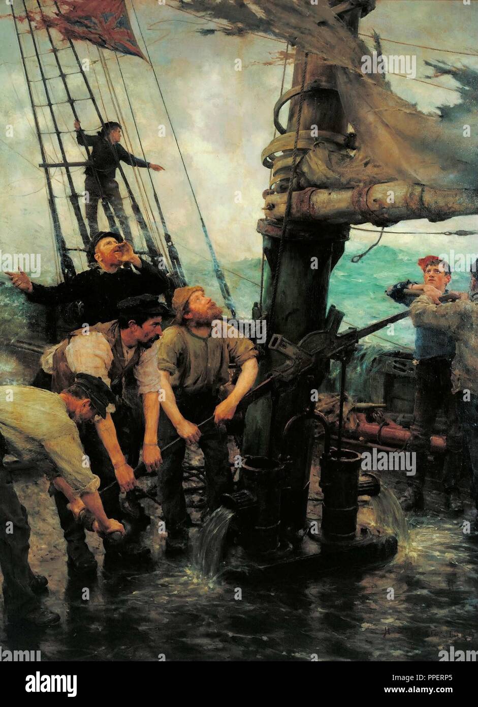 All Hands to the Pumps. Date/Period: 1888-89. Painting. Oil on canvas. Height: 185.4 cm (72.9 in); Width: 139.7 cm (55 in). Author: Henry Scott Tuke. TUKE, HENRY SCOTT. Stock Photo