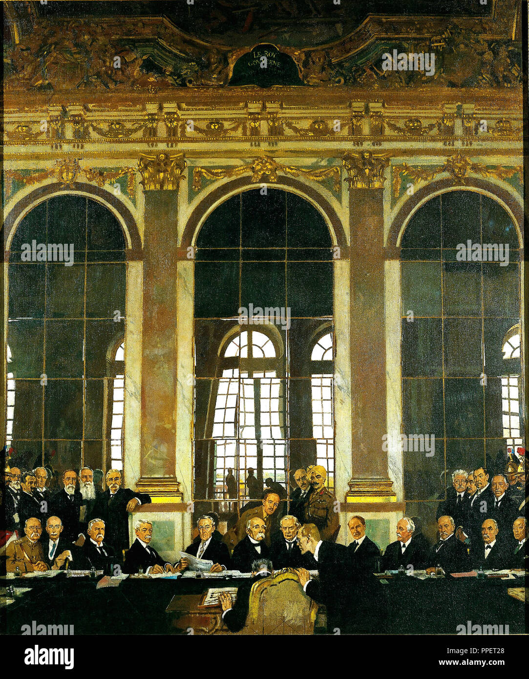 The Signing of Peace in the Hall of Mirrors, Versailles, 28th June 1919. Date/Period: 1919. Painting. Oil. Height: 1,524 mm (60 in); Width: 1,270 mm (50 in). Author: William Orpen. Stock Photo